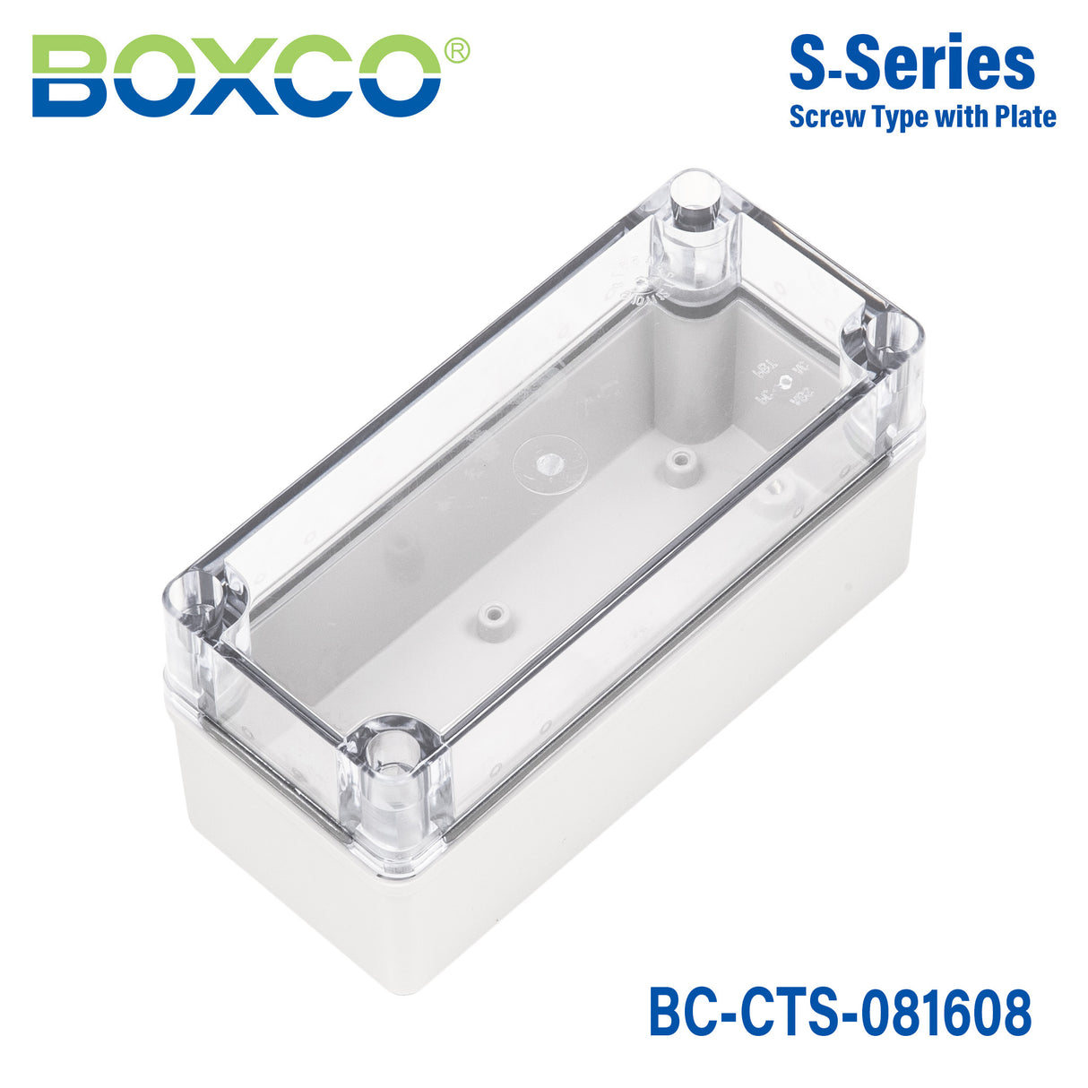 Boxco S-Series 80x160x85mm Plastic Enclosure, IP67, IK08, PC, Transparent Cover, Screw Type