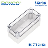 Boxco S-Series 80x160x85mm Plastic Enclosure, IP67, IK08, PC, Transparent Cover, Screw Type