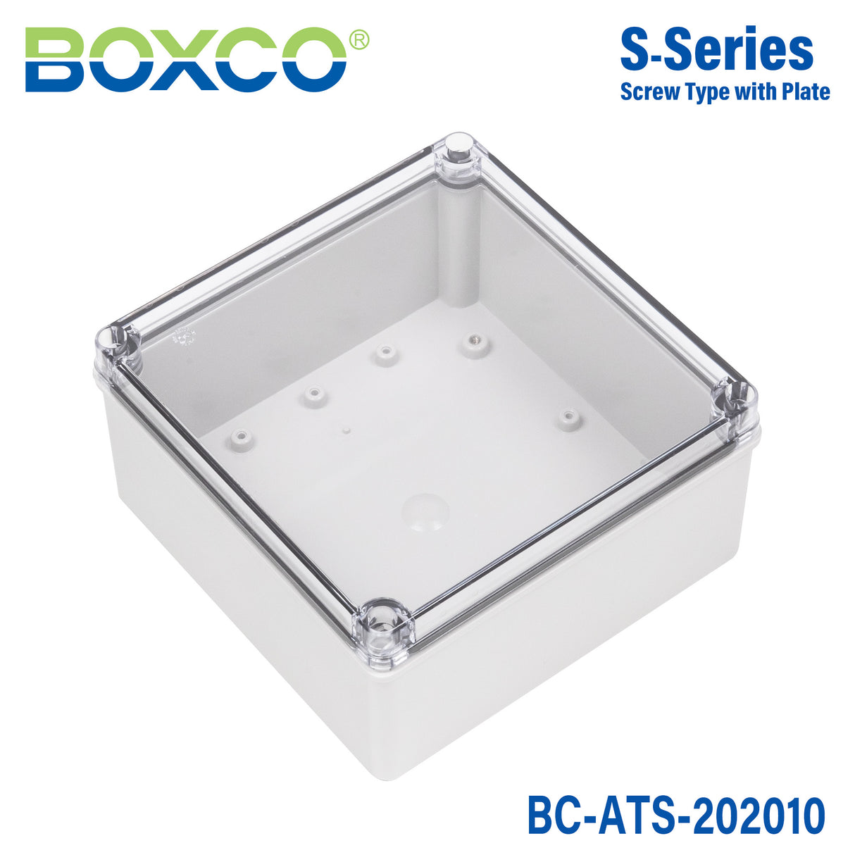 Boxco S-Series 200x200x100mm Plastic Enclosure, IP67, IK08, ABS, Transparent Cover, Screw Type