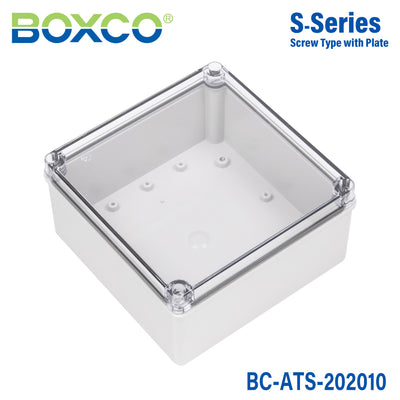 Boxco S-Series 200x200x100mm Plastic Enclosure, IP67, IK08, ABS, Transparent Cover, Screw Type