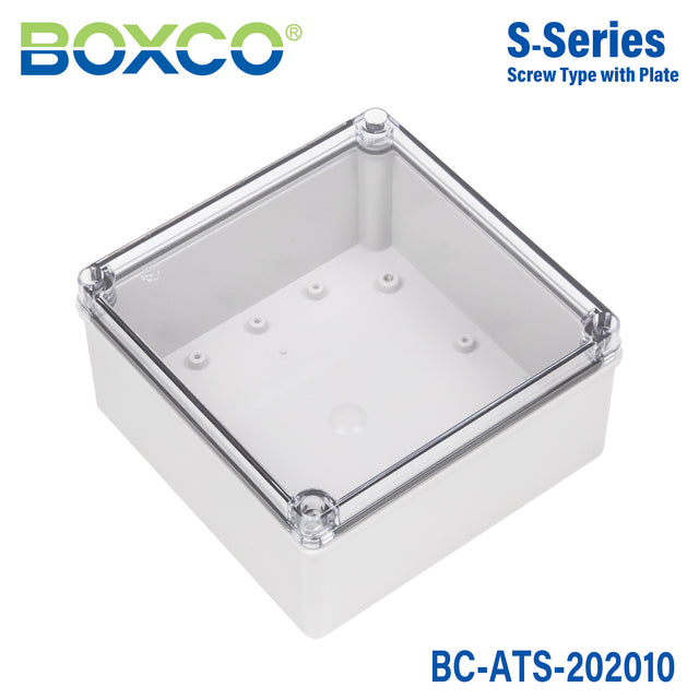 Boxco S-Series 200x200x100mm Plastic Enclosure, IP67, IK08, ABS, Transparent Cover, Screw Type