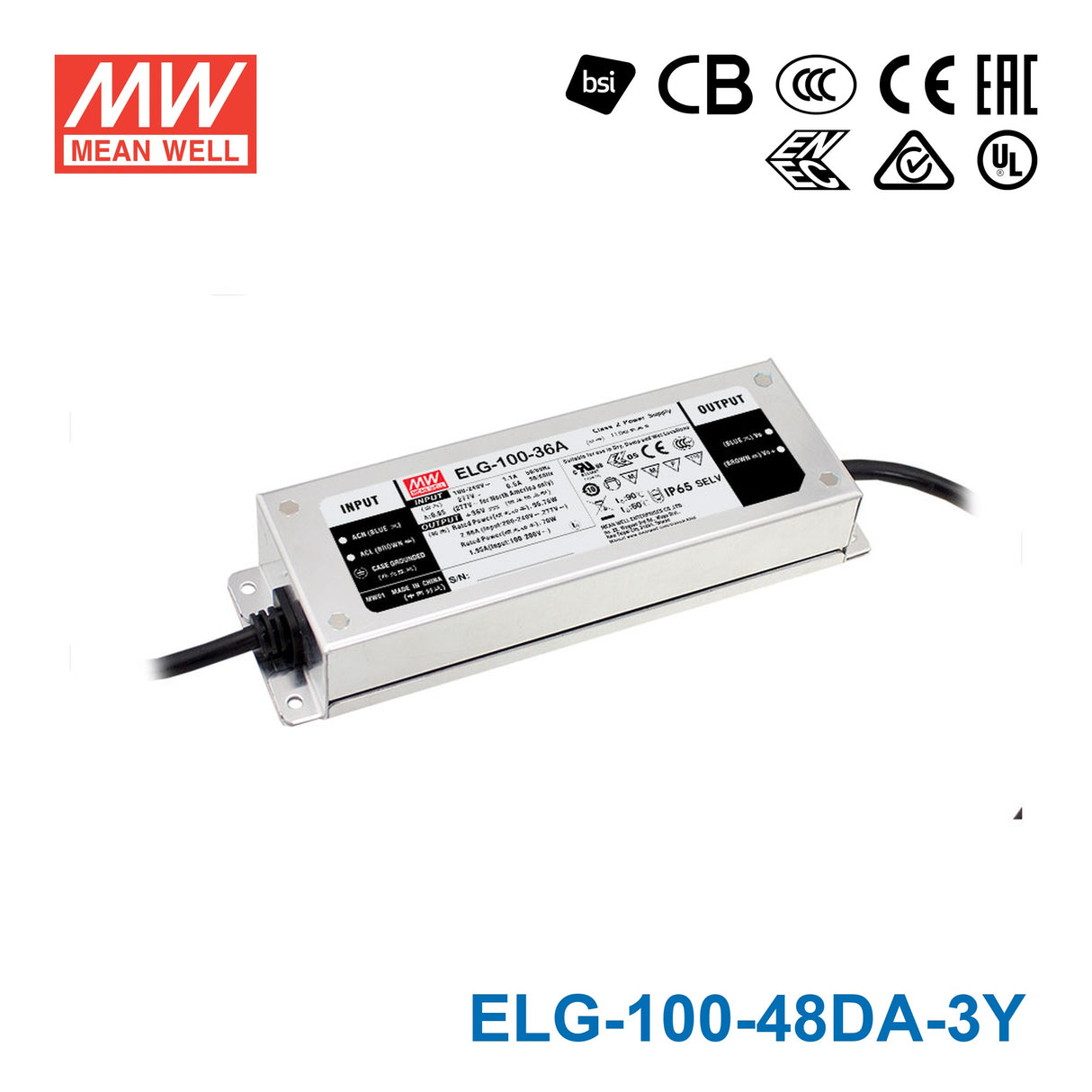 Mean Well ELG-100-48DA-3Y Power Supply 96W 48V - DALI 2A — 3-Wire Input (with Earth)