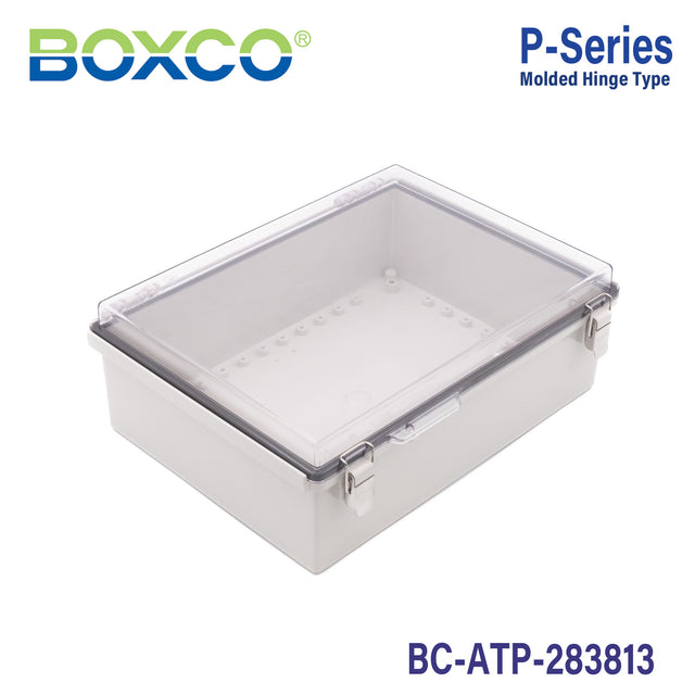 Boxco P-Series 280x380x130mm Plastic Enclosure, IP67, IK08, ABS, Transparent Cover, Molded Hinge and Latch Type