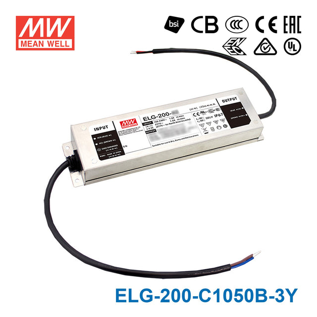 Mean Well ELG-200-C1050B-3Y Power Supply 200W 1050mA - Dimmable — 3-Wire Input (with Earth)