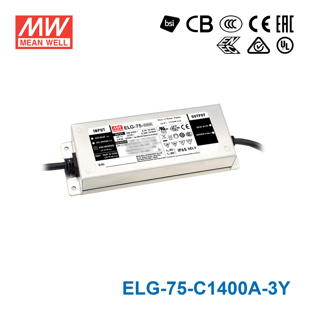 Mean Well ELG-75-C1400A-3Y Power Supply 75W 1400mA - Adjustable — 3-Wire Input (with Earth)