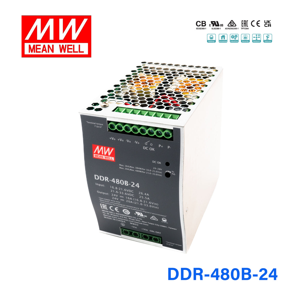 Mean Well DDR-480B-24 DC-DC Converter - 480W - 16.8~33.6V in 24V out 20A