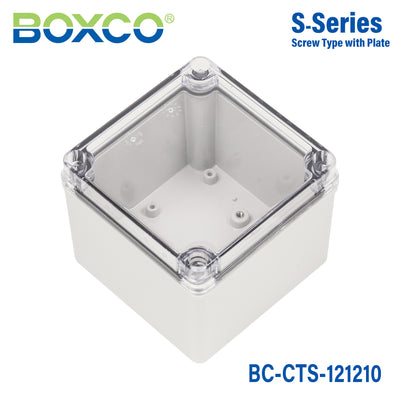 Boxco S-Series 125x125x100mm Plastic Enclosure, IP67, IK08, PC, Transparent Cover, Screw Type