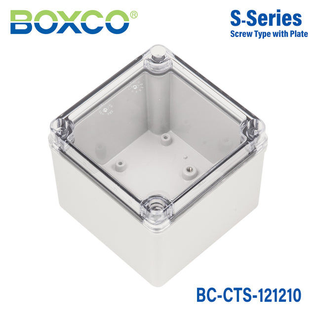 Boxco S-Series 125x125x100mm Plastic Enclosure, IP67, IK08, PC, Transparent Cover, Screw Type