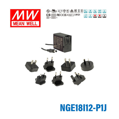 Mean Well NGE18I12-P1J AC-DC Wall-mounted Green Adaptor - Interchangeable Plug - 18W 12V 1.5A