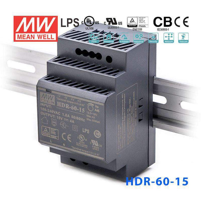 Mean Well HDR-60-15 Ultra Slim Step Shape Power Supply 60W 15V 4A - DIN Rail