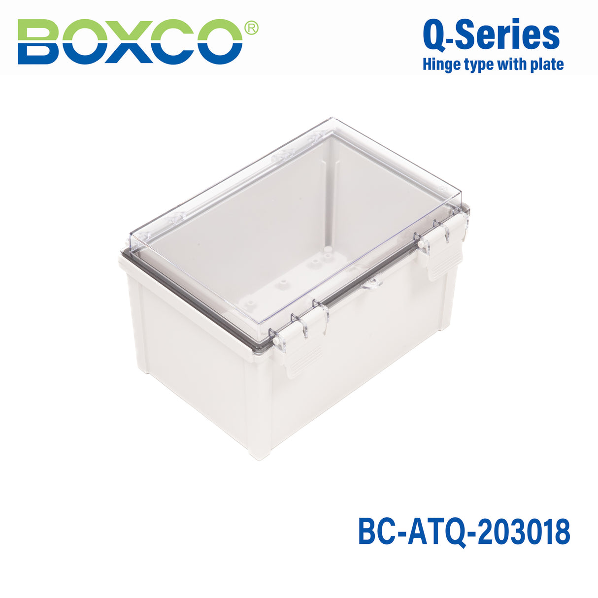 Boxco Q-Series 200×300×180mm Plastic Enclosure, IP67, IK08, ABS, Transparent Cover, Plastic Hinge and Latch Type