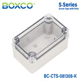 Boxco S-Series 80×130×85mm Plastic Enclosure, IP67, IK08, PC, Transparent Cover, Screw Type