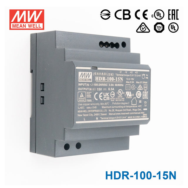 Mean Well HDR-100-15N Ultra Slim Step Shape Power Supply 100W 15V 6.5A - DIN Rail