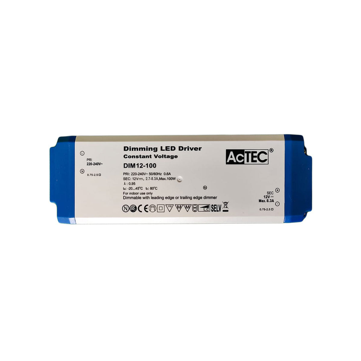 AcTEC DIM12-100 Triac Dimmable Driver 100W 12V 8.3A with Screw Terminal