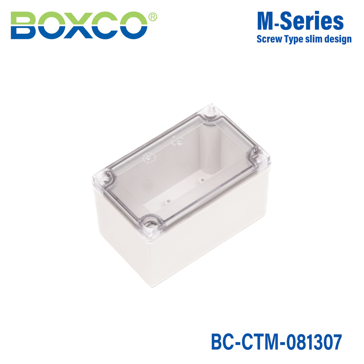 Boxco M-Series 80x130x75mm Plastic Enclosure, IP67, IK08, PC, Transparent Cover, Screw Type