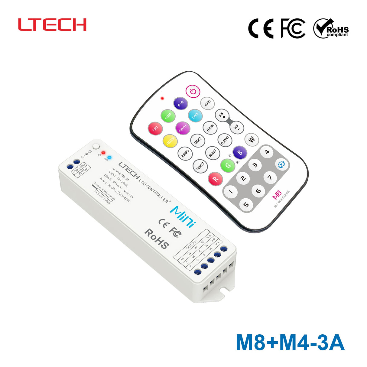 Ltech M8+M4-3A Mini Controller with RF Remote - RGBW