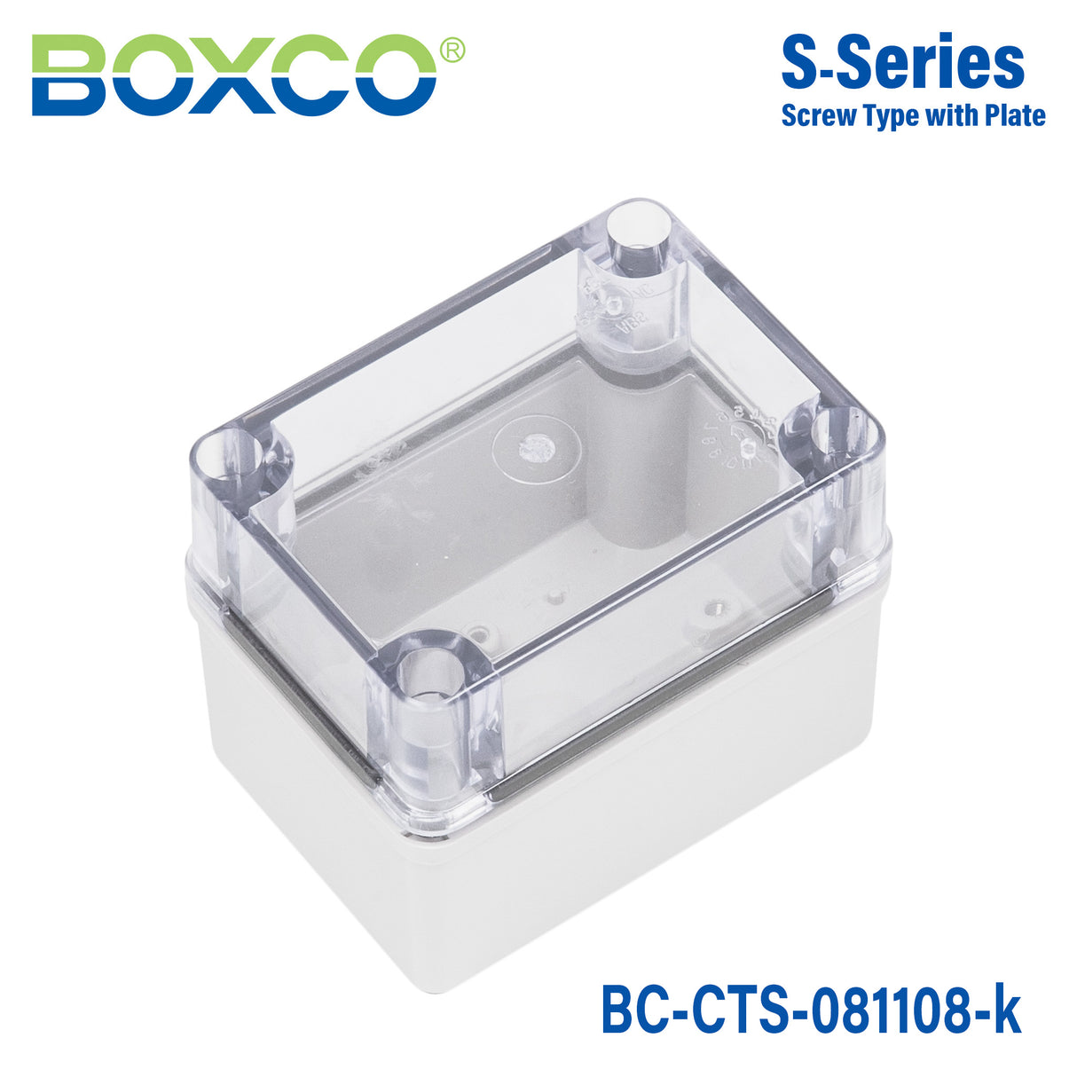 Boxco S-Series 80×110×85mm Plastic Enclosure, IP67, IK08, PC, Transparent Cover, Screw Type