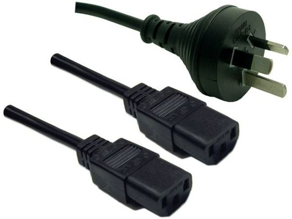 2M "Y" Power Cord. 3 Pin Plug to 2 IEC Female Connectors 10A. SAA Approved. BLACK Colour