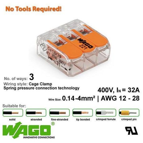 Wago 221-413 Compact Connector 3 Way - Low Profile with Lever