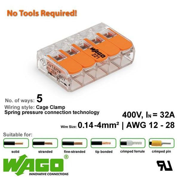 Wago 221-415 Compact Connector 5 Way - Low Profile with Lever