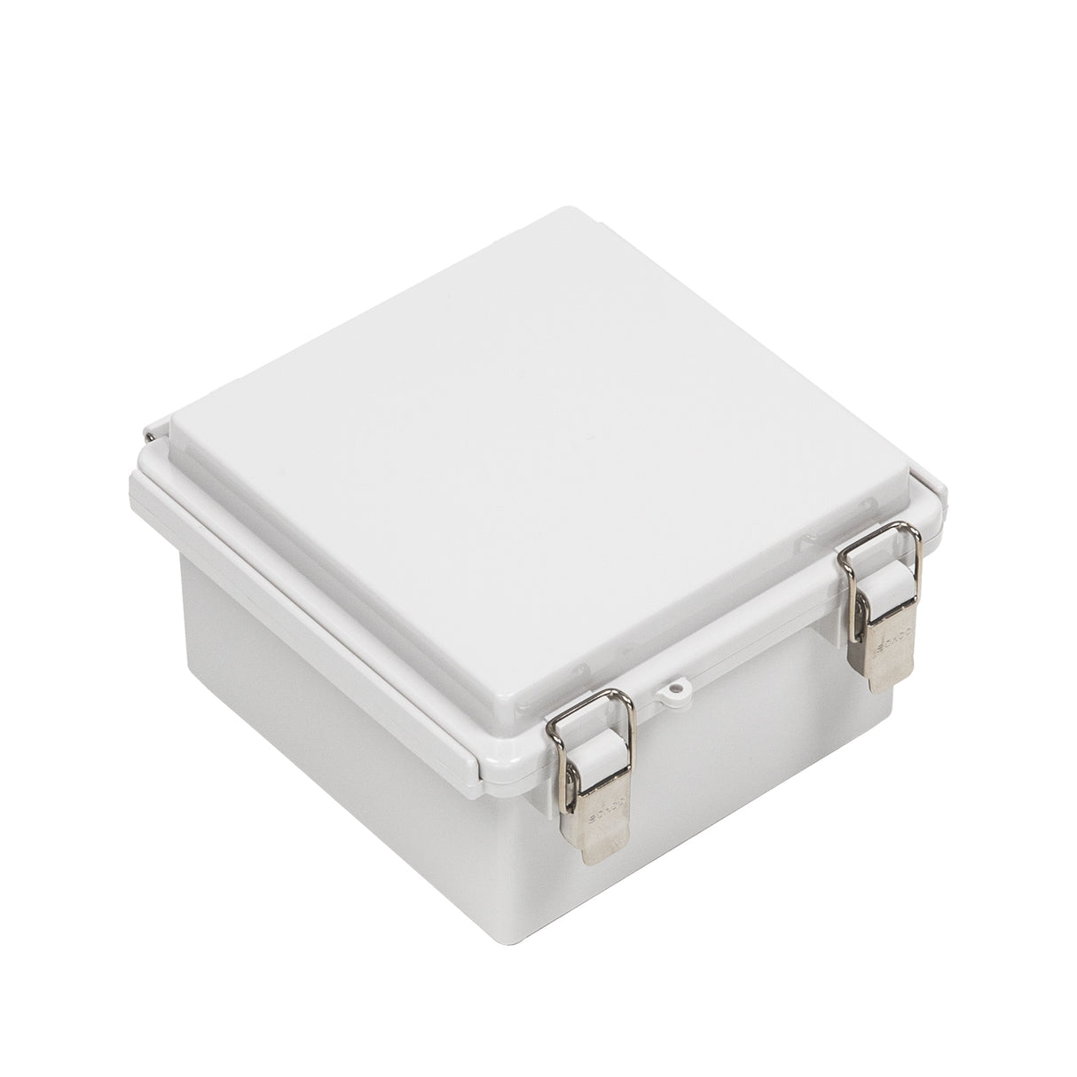 Boxco P-Series 150x150x90mm Plastic Enclosure, IP67, IK08, PC, Grey Cover, Molded Hinge and Latch Type