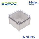 Boxco S-Series 190x190x130mm Plastic Enclosure, IP67, IK08, ABS, Transparent Cover, Screw Type