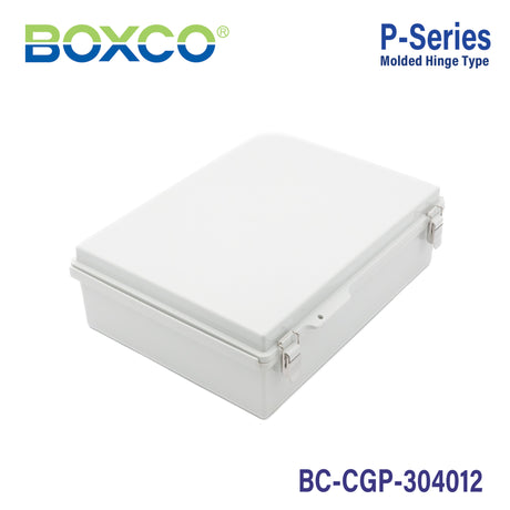 Boxco P-Series 300x400x120mm Plastic Enclosure, IP67, IK08, PC, Grey Cover, Molded Hinge and Latch Type