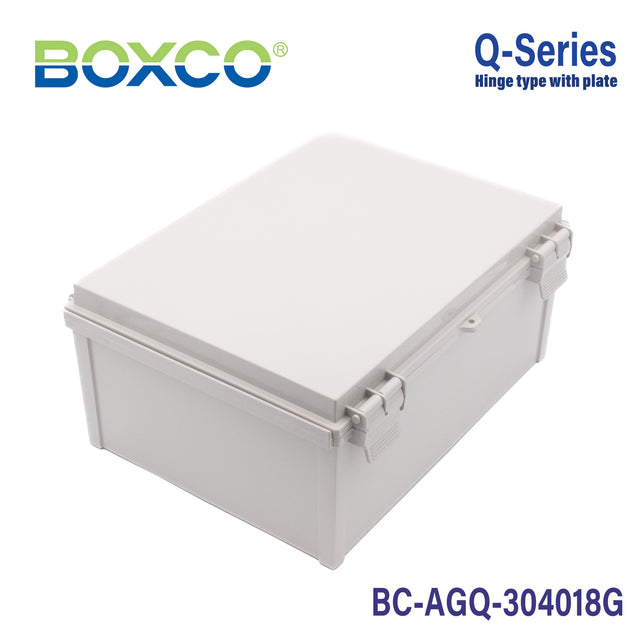 Boxco Q-Series 300*400*180mm Plastic Enclosure, IP67, IK08, ABS, Grey Cover, Hinge Type with Plate
