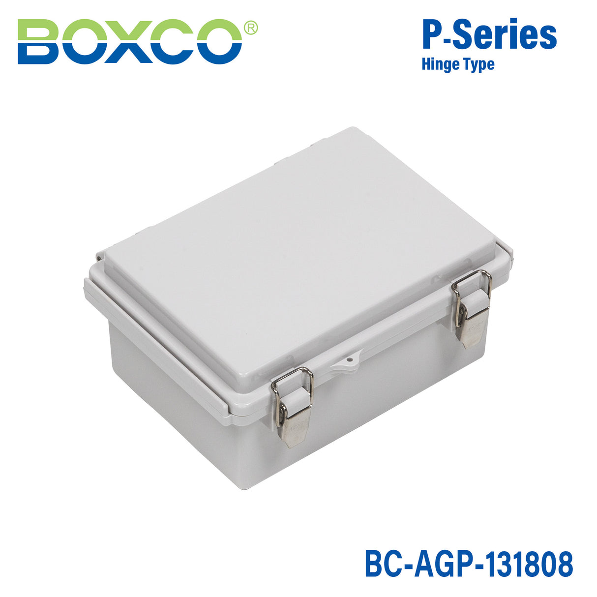 Boxco P-Series 135x185x85mm Plastic Enclosure, IP67, IK08, ABS, Grey Cover, Molded Hinge and Latch Type