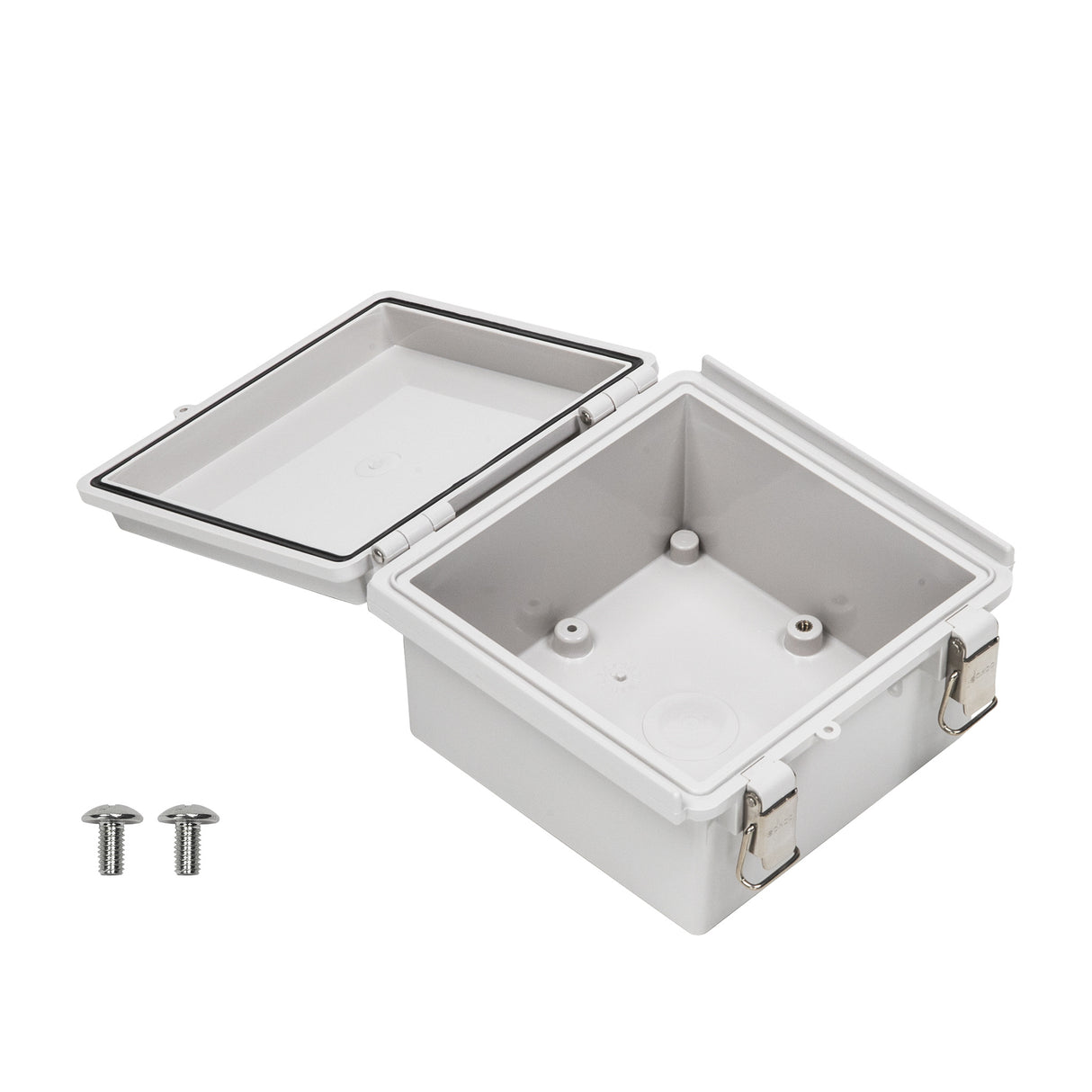 Boxco P-Series 150x150x90mm Plastic Enclosure, IP67, IK08, PC, Grey Cover, Molded Hinge and Latch Type