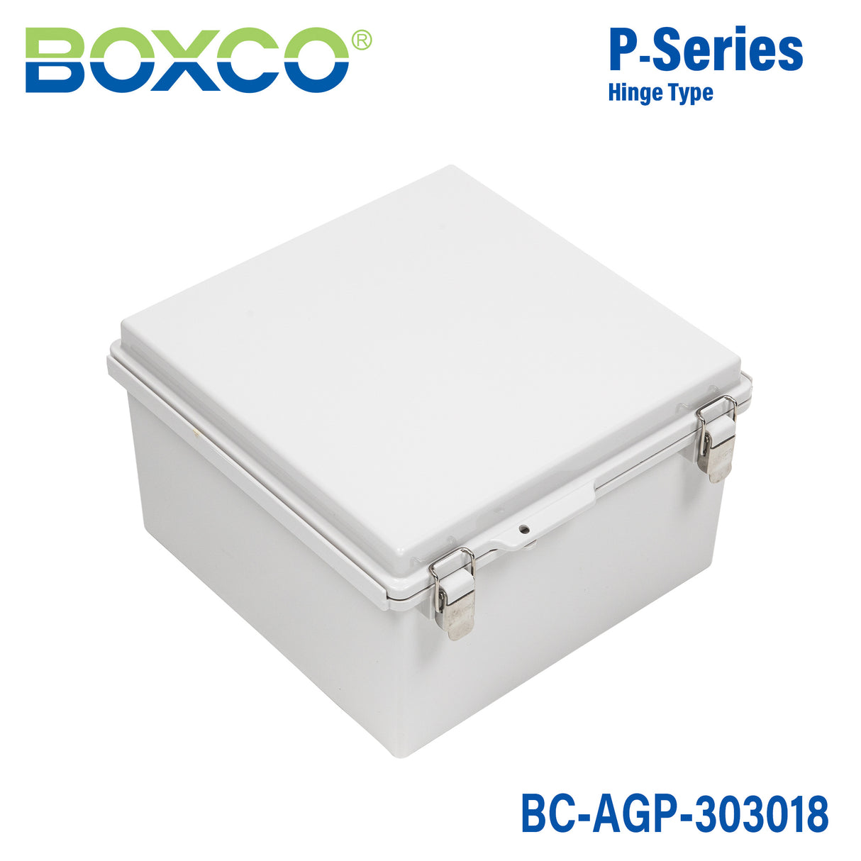 Boxco P-Series 300x300x180mm Plastic Enclosure, IP67, IK08, ABS, Grey Cover, Molded Hinge and Latch Type