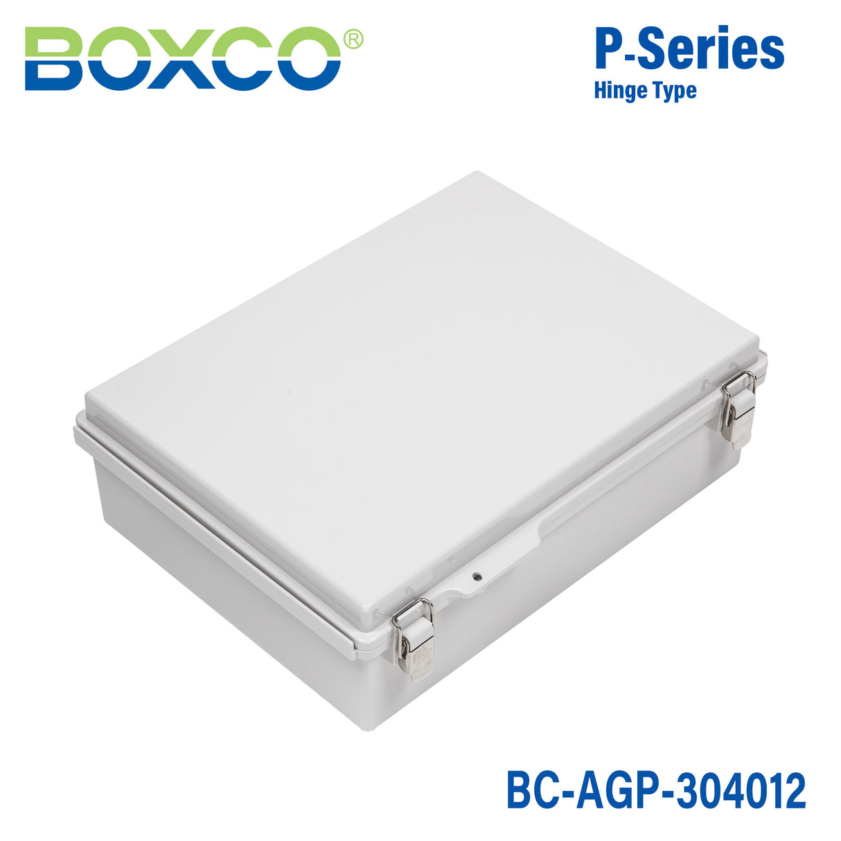 Boxco P-Series 300x400x120mm Plastic Enclosure, IP67, IK08, ABS, Grey Cover, Molded Hinge and Latch Type