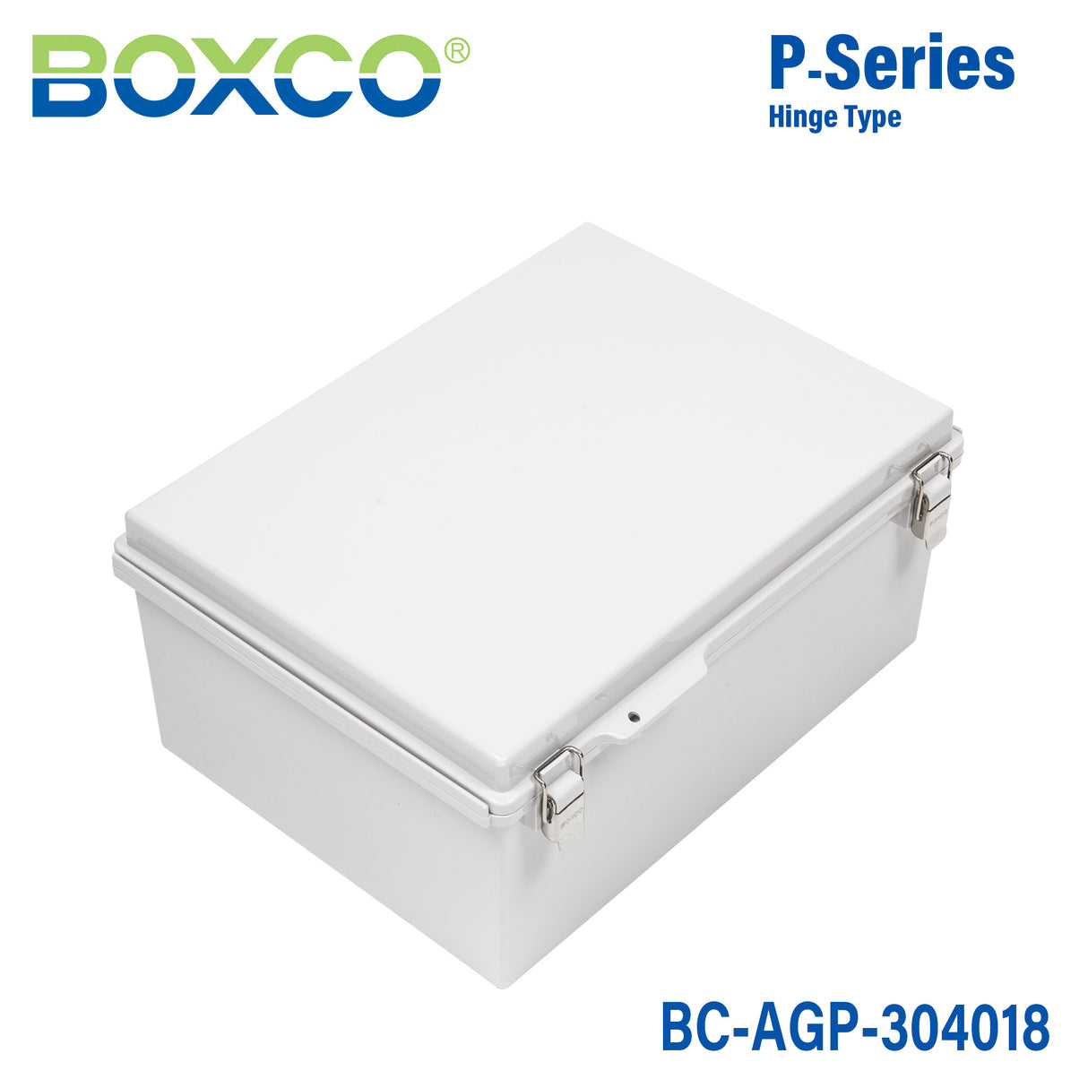 Boxco P-Series 300x400x180mm Plastic Enclosure, IP67, IK08, ABS, Grey Cover, Molded Hinge and Latch Type