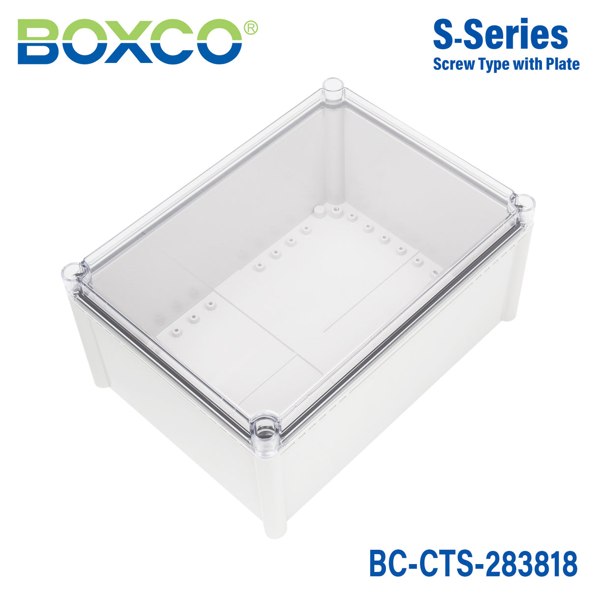 Boxco S-Series 280x380x180mm Plastic Enclosure, IP67, IK08, PC, Transparent Cover, Screw Type