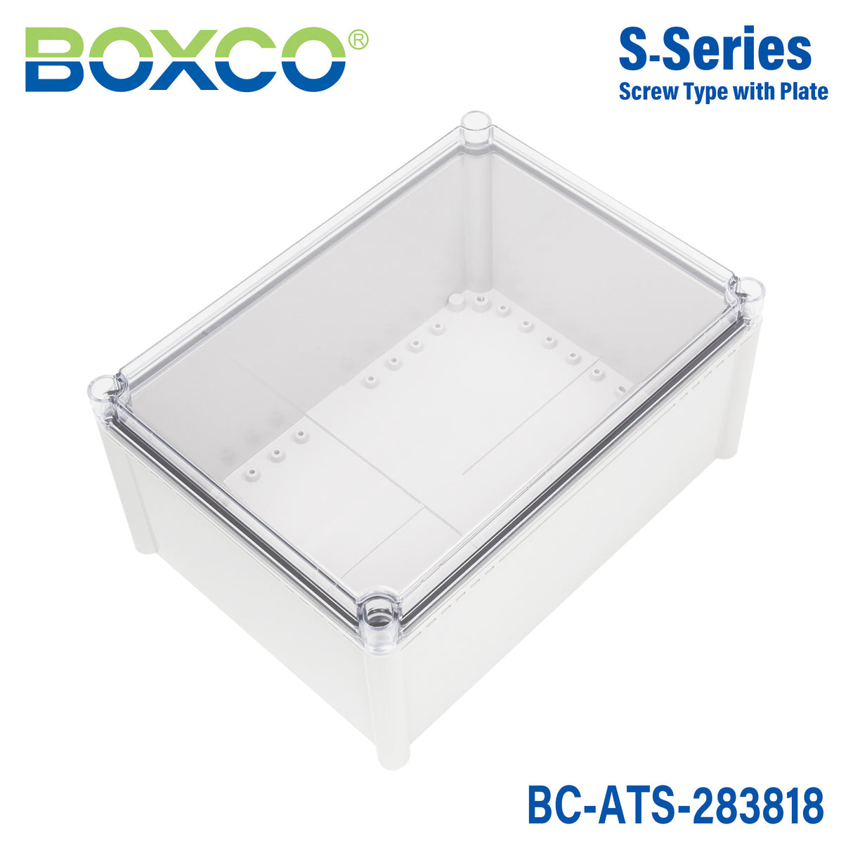 Boxco S-Series 280x380x180mm Plastic Enclosure, IP67, IK08, ABS, Transparent Cover, Screw Type