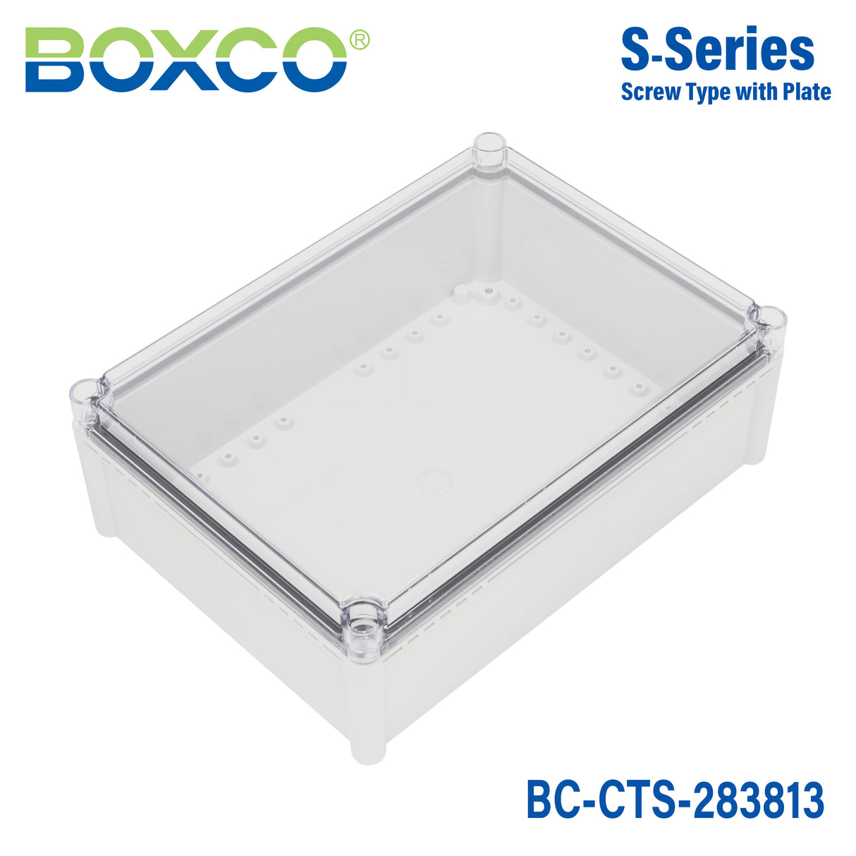Boxco S-Series 280x380x130mm Plastic Enclosure, IP67, IK08, PC, Transparent Cover, Screw Type
