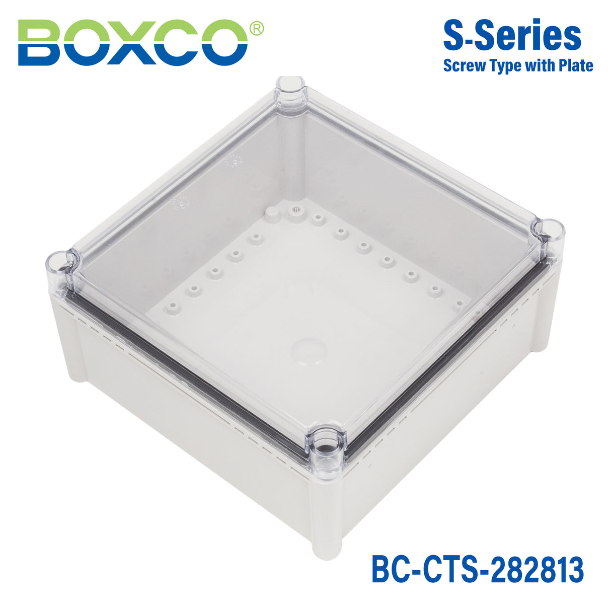 Boxco S-Series 280x280x130mm Plastic Enclosure, IP67, IK08, PC, Transparent Cover, Screw Type