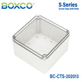 Boxco S-Series 200x200x130mm Plastic Enclosure, IP67, IK08, PC, Transparent Cover, Screw Type