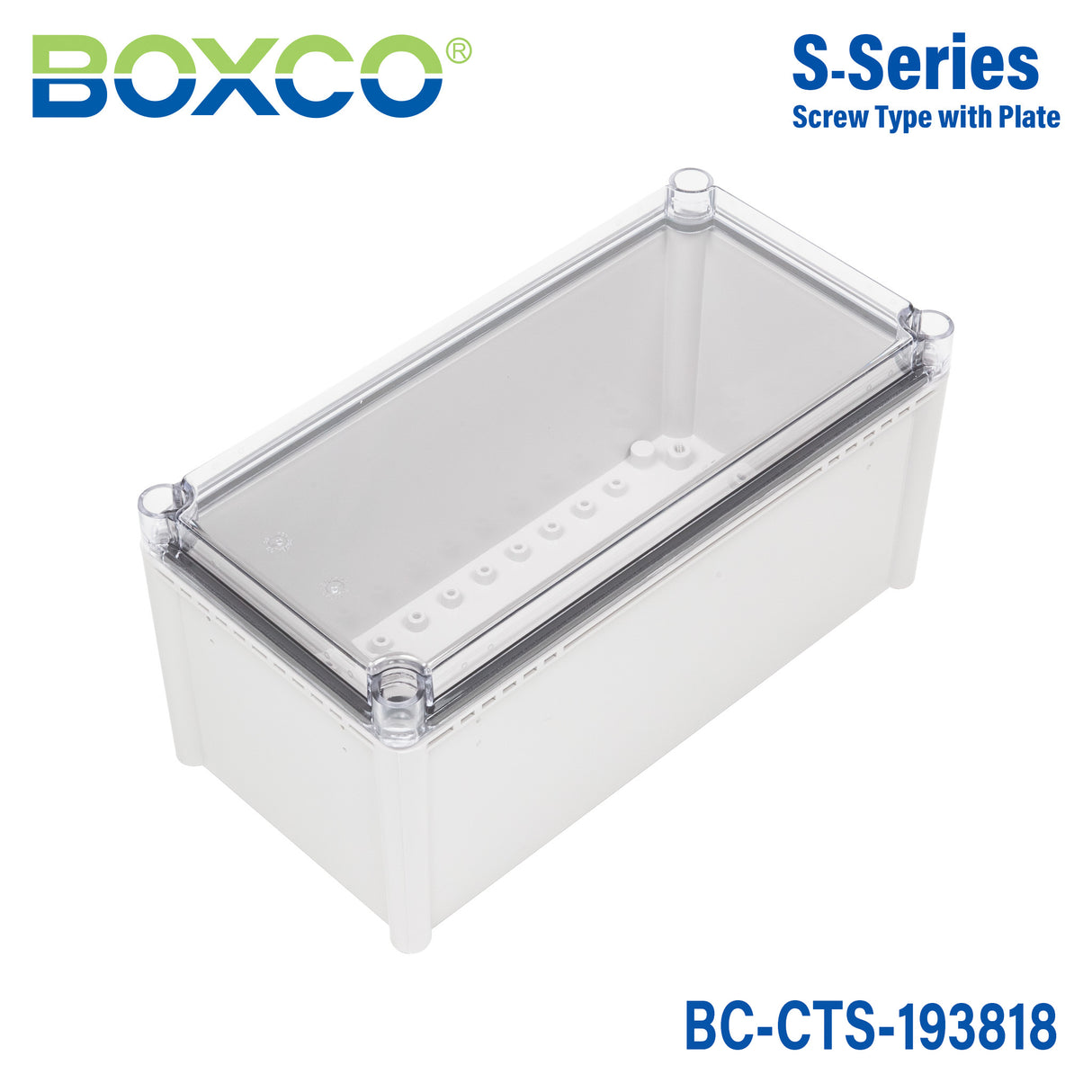 Boxco S-Series 190x380x180mm Plastic Enclosure, IP67, IK08, PC, Transparent Cover, Screw Type