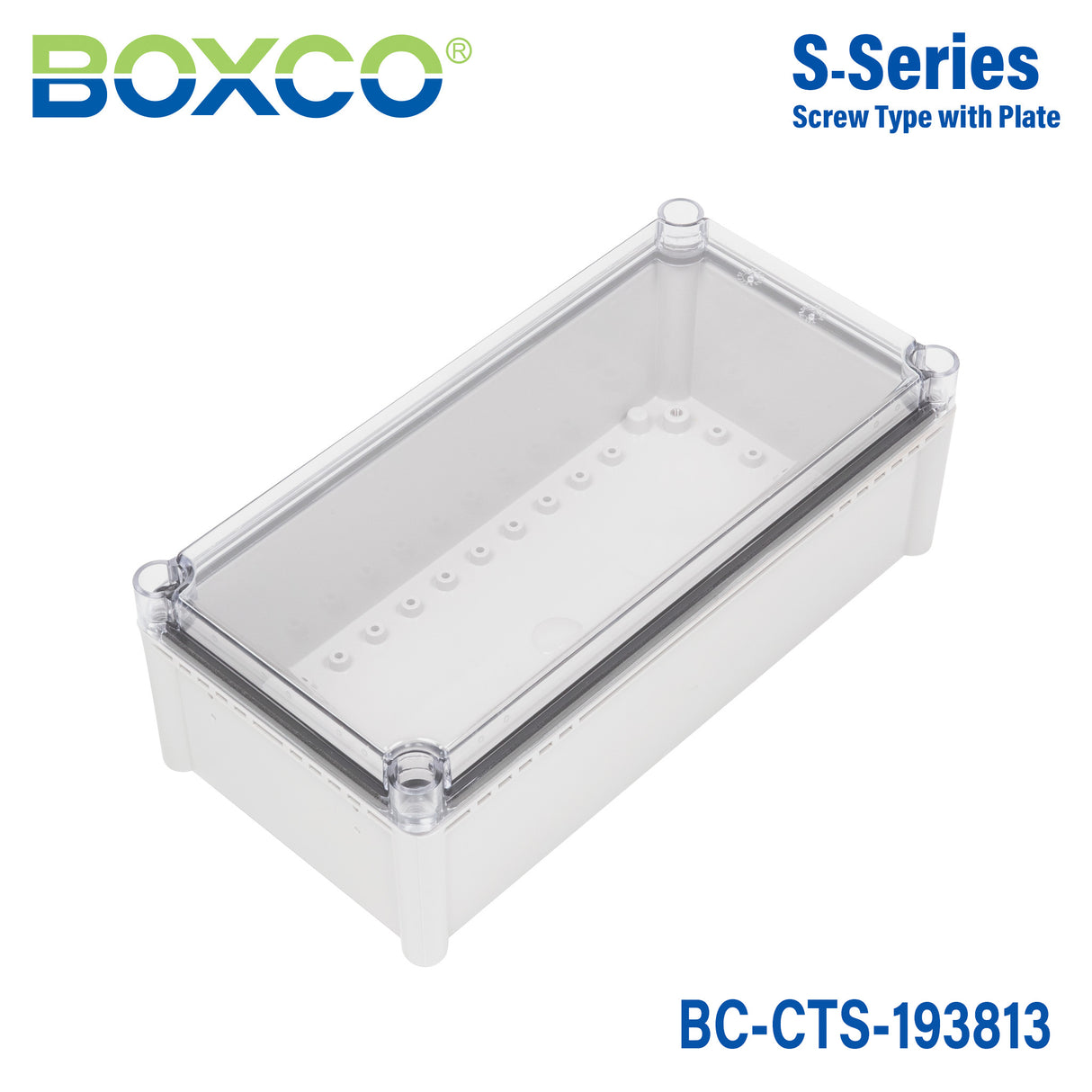 Boxco S-Series 190x380x130mm Plastic Enclosure, IP67, IK08, PC, Transparent Cover, Screw Type