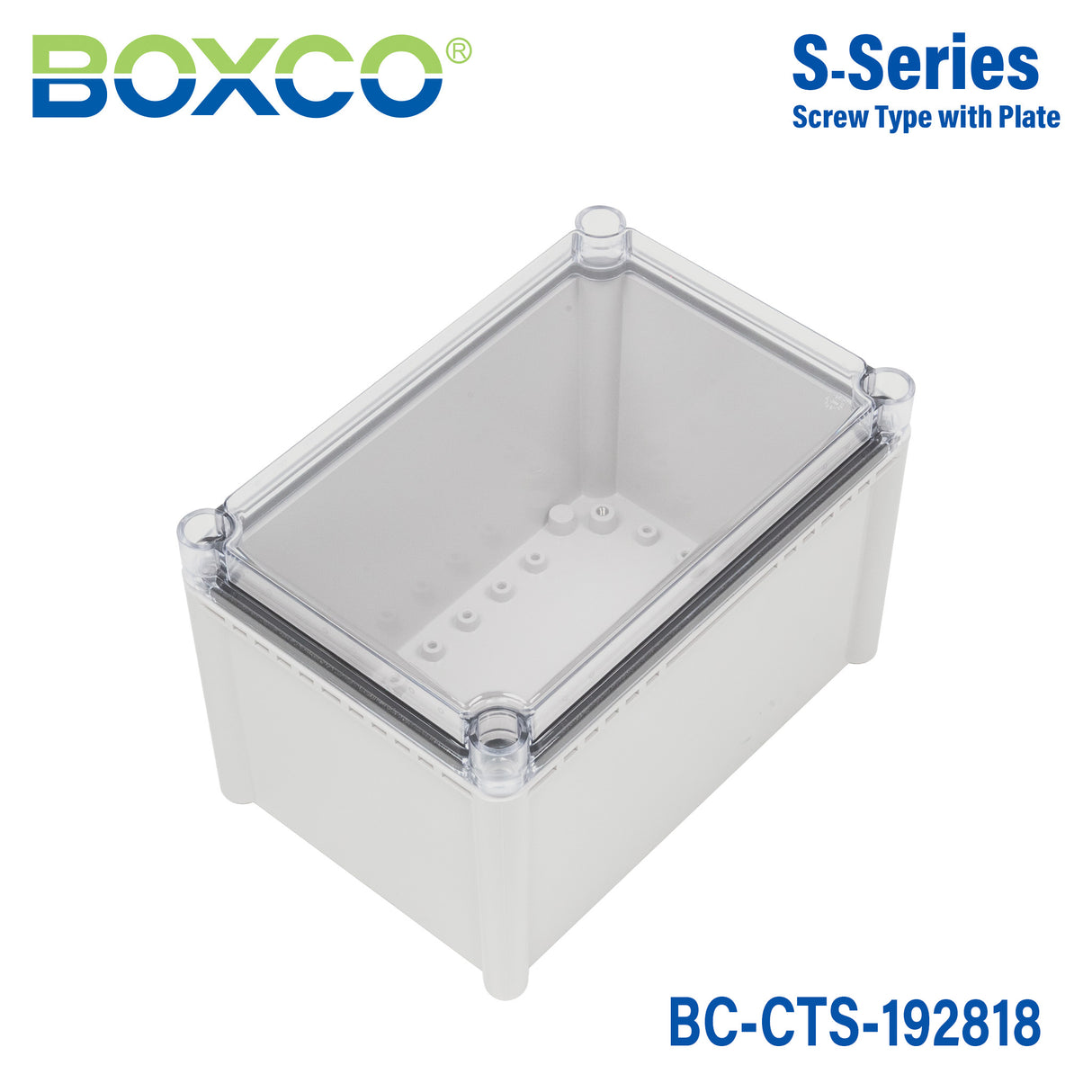 Boxco S-Series 190x280x180mm Plastic Enclosure, IP67, IK08, PC, Transparent Cover, Screw Type