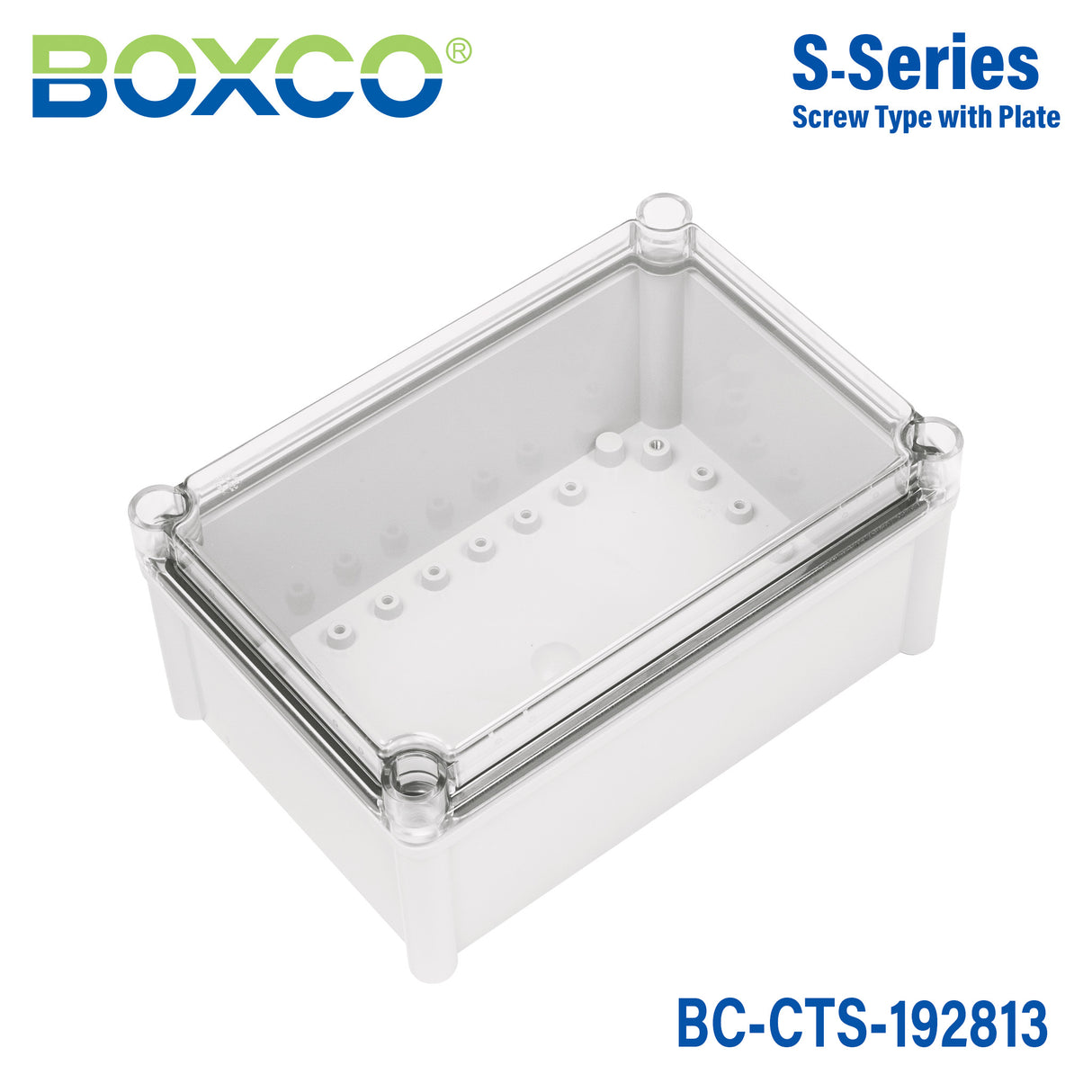 Boxco S-Series 190x280x130mm Plastic Enclosure, IP67, IK08, PC, Transparent Cover, Screw Type