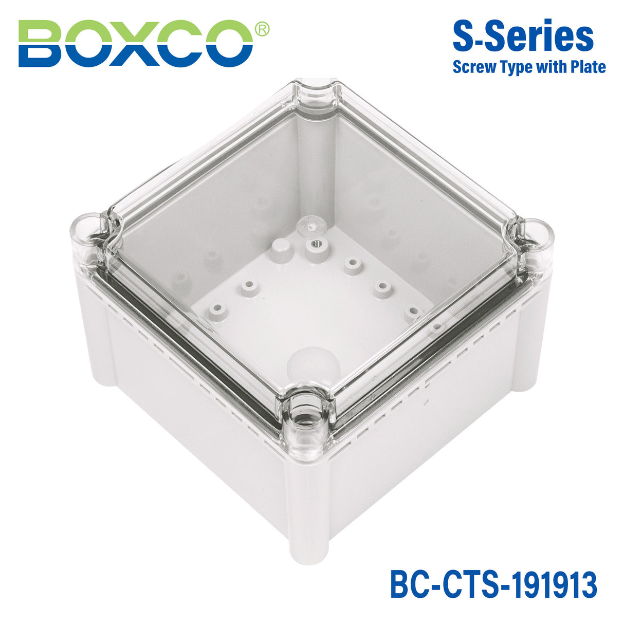Boxco S-Series 190x190x130mm Plastic Enclosure, IP67, IK08, PC, Transparent Cover, Screw Type