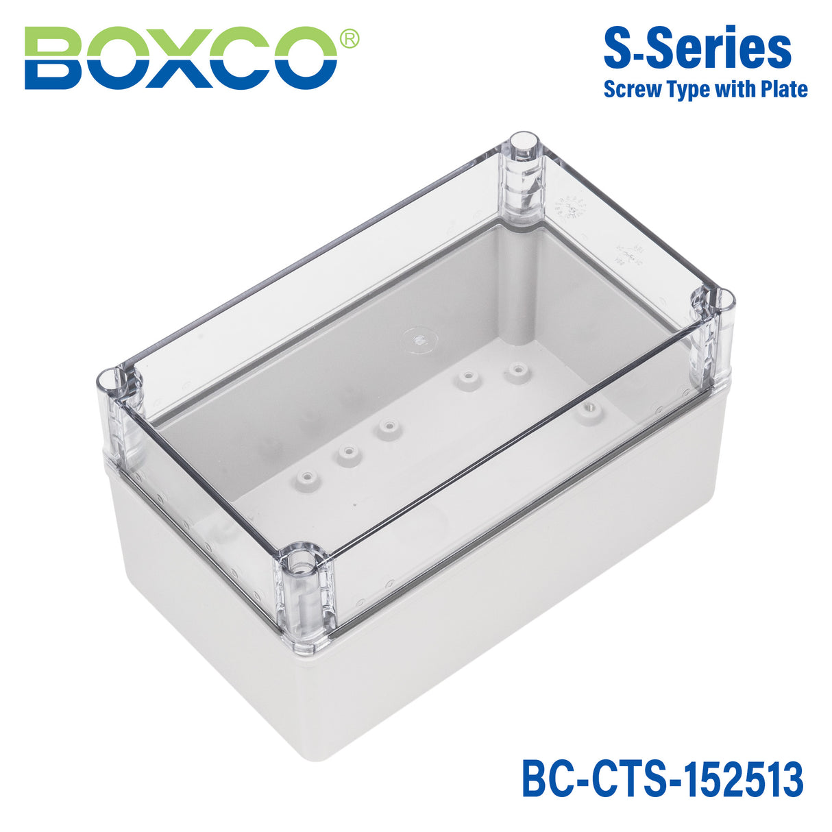 Boxco S-Series 150x250x130mm Plastic Enclosure, IP67, IK08, PC, Transparent Cover, Screw Type
