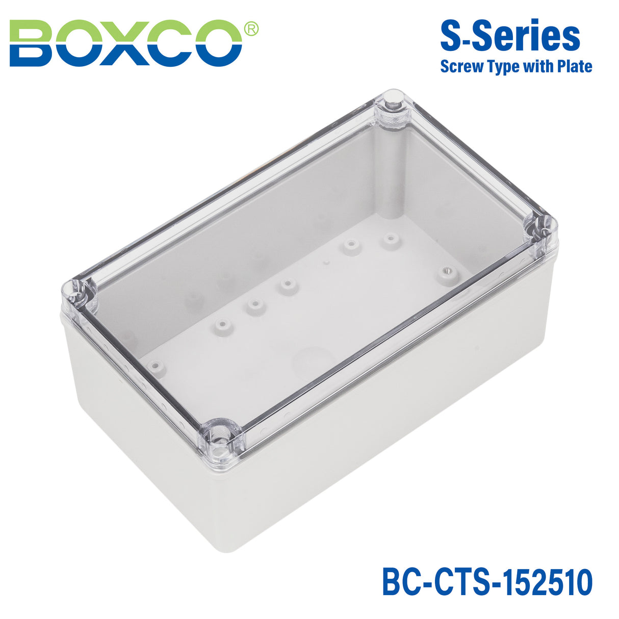 Boxco S-Series 150x250x100mm Plastic Enclosure, IP67, IK08, PC, Transparent Cover, Screw Type