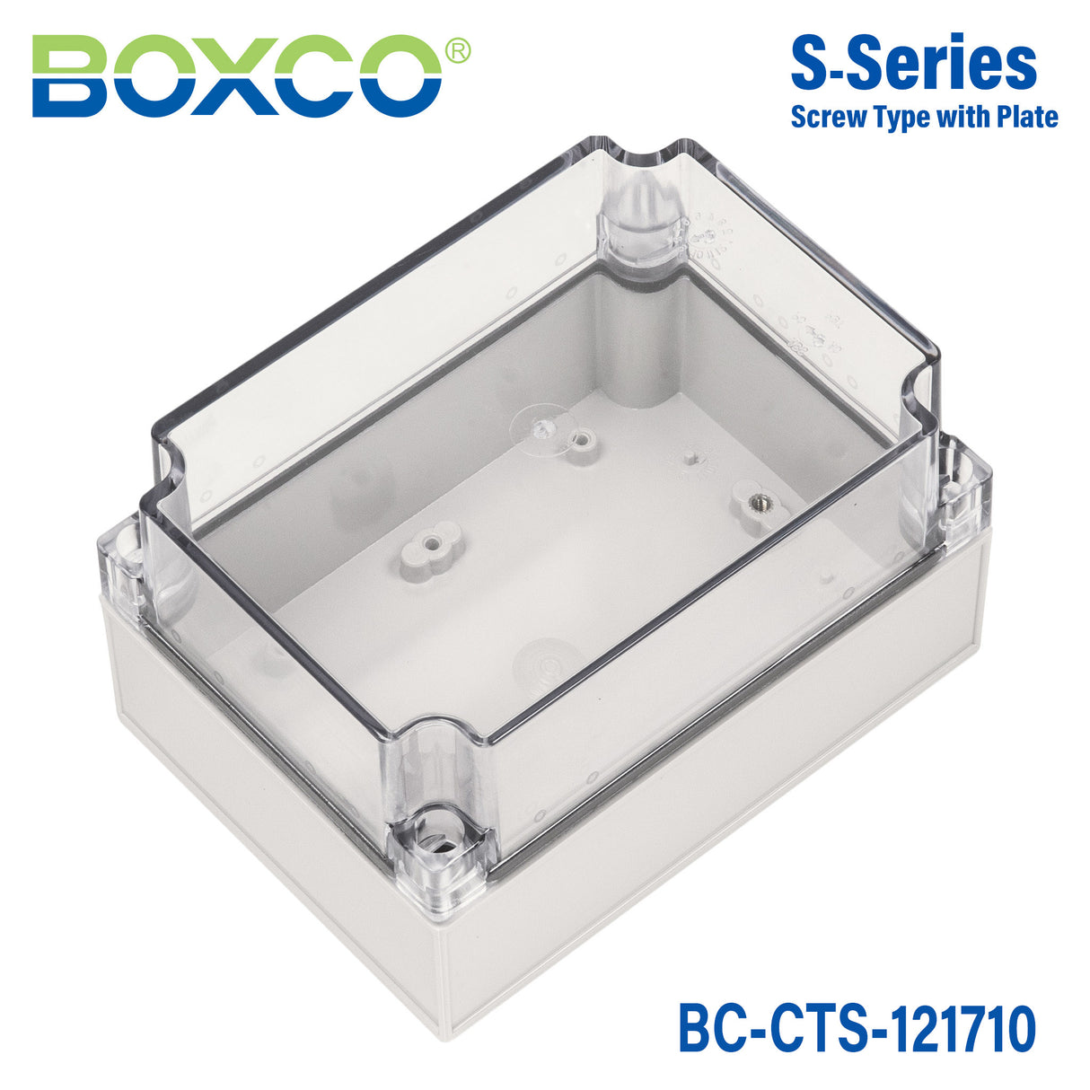 Boxco S-Series 125x175x100mm Plastic Enclosure, IP67, IK08, PC, Transparent Cover, Screw Type