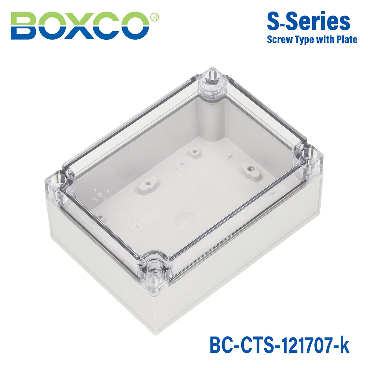 Boxco S-Series 125×175×75mm Plastic Enclosure, IP67, IK08, PC, Transparent Cover, Screw Type