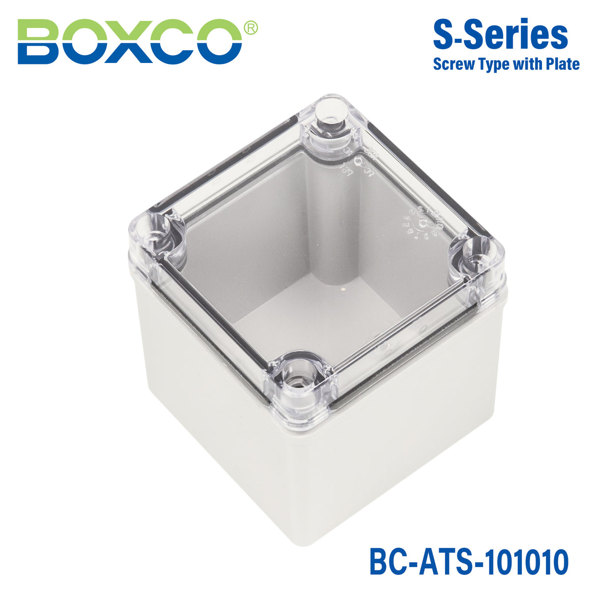 Boxco S-Series 100x100x100mm Plastic Enclosure, IP67, IK08, ABS, Transparent Cover, Screw Type