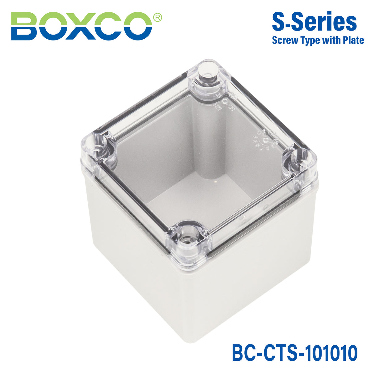 Boxco S-Series 100x100x100mm Plastic Enclosure, IP67, IK08, PC, Transparent Cover, Screw Type