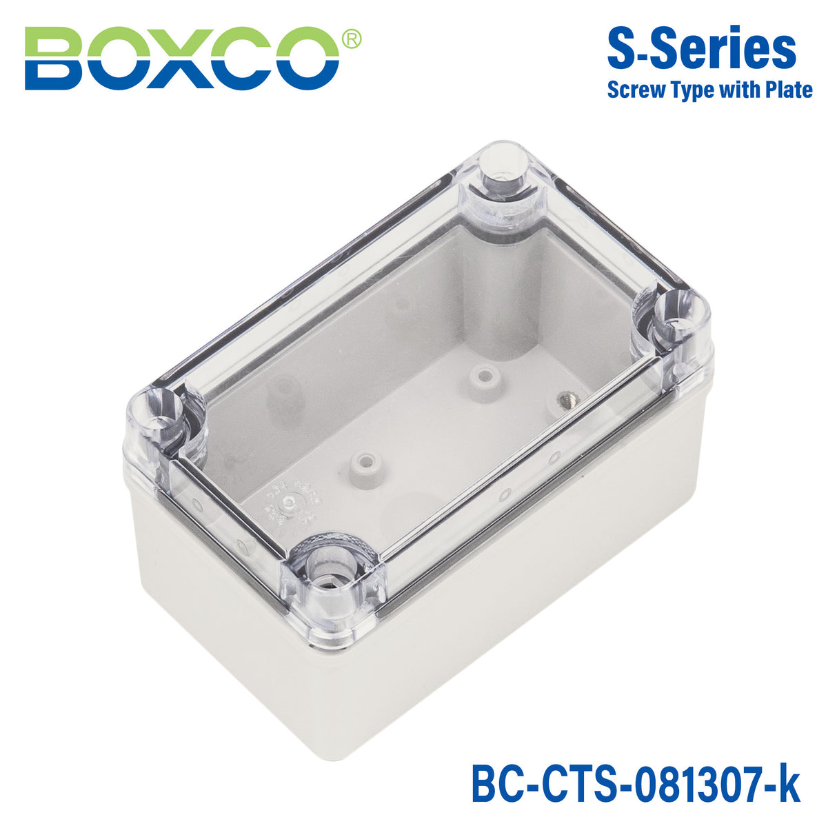 Boxco S-Series 80×130×70mm Plastic Enclosure, IP67, IK08, PC, Transparent Cover, Screw Type